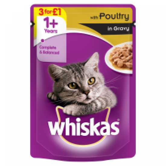 Whiskas 1+ Cat Pouch with Poultry in Gravy 100g (MPP 3 for £1)