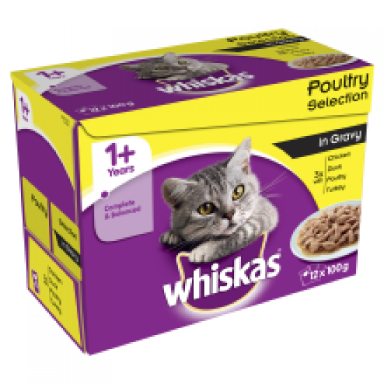 Whiskas 1+ Cat Pouches Poultry Selection in Gravy 12 Pack