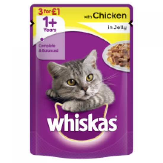 Whiskas 1+ Cat Pouch with Chicken in Jelly 100g 3 for £1